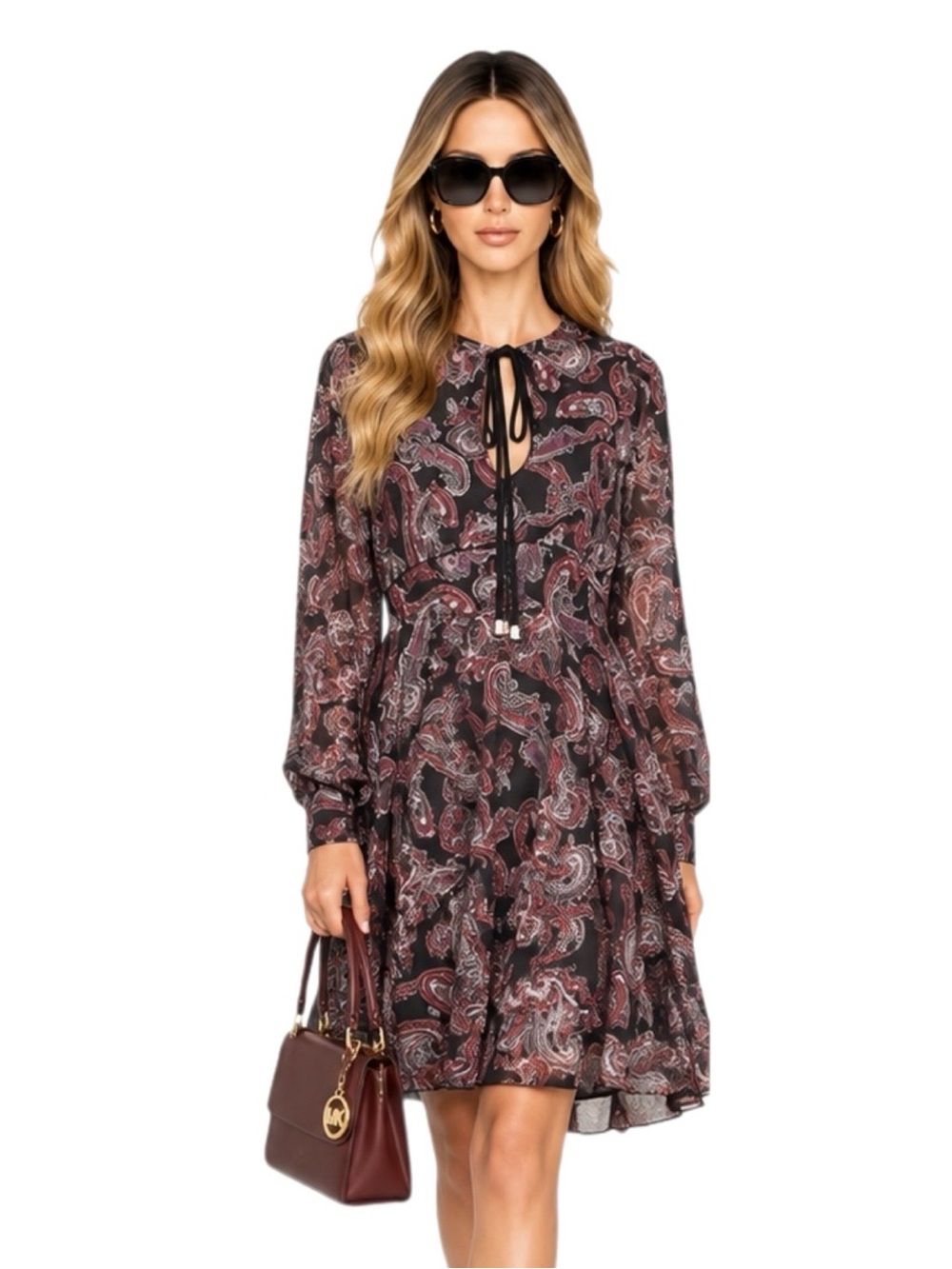 MICHAEL Michael Kors Paisley Fit Flare Dress Size 4 Black Red Tie Neck Long Slee